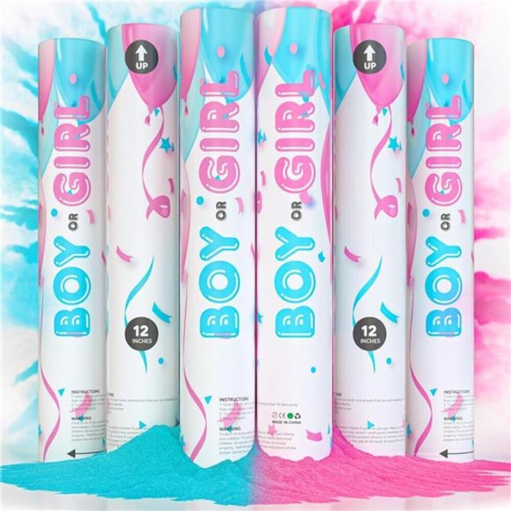 Stylish Gender Reveal Smoke Poppers - 3 Pink + 3 Blue Cannons